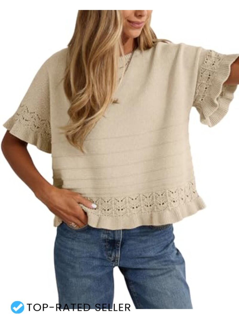 Women's Short Sleeve Sweater Ruffle Hem Crochet Knit Pullover